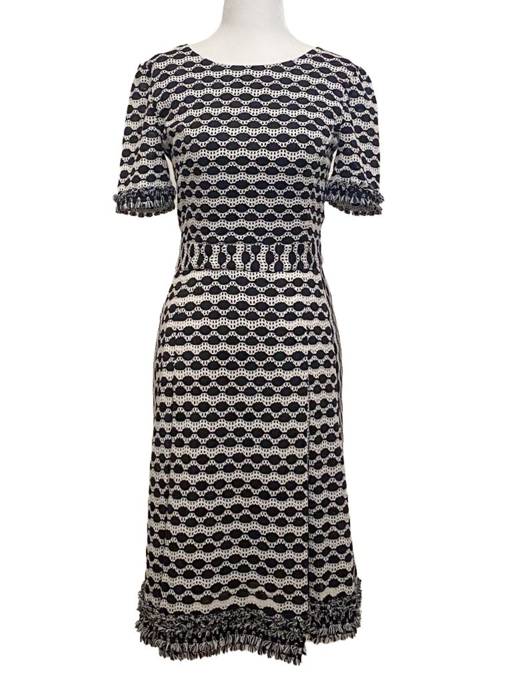 TORY BURCH Paulina Knit Fringe Midi A-Line Dress Black Cream XS Kate Middleton